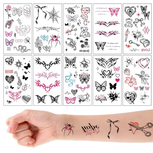 Image of MAYCREATE 10 Sheet Y2K Temporary Tattoo Stickers Set, Cute Y2K Style Water Transfer Tattoos, Butterfly Bow Heart Skull Tribal Flame & Grunge Body Art Stickers Festival Party Fashion Accessories