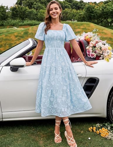 Image of ZESICA Wedding Guest Dresses for Women Summer 2026 Boho Floral Midi Dress Flowy Beach Vacation Graduation Long Dresses