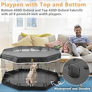   PJYuCien-Foldable-Exercise-Metal-Pet-Playpen-with-Door-Bottom-Pad-and-Top-Cover-Dog-Fence-Puppy-Pen-Rabbit-Yard-Small-Animal-Kennels-IndoorOutdoor-8-Panel-24-W-x-24-H