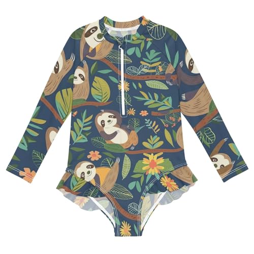 Girls One Piece Swimsuits Long Sleeve Swimsuit Zipper Bathing Suits Sloth Forest Animal Blue