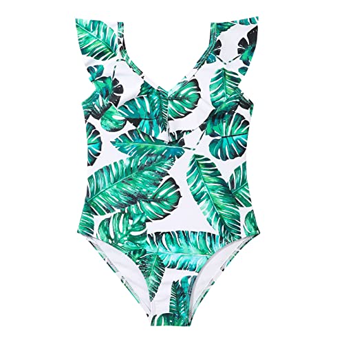 MaNMaNing Traje de baño de una pieza para niña estilo vestido con estampado de hojas verdes y cuello en V volantes termo piscina verano traje de baño de una pieza traje de baño niña verano, Blanco, 11