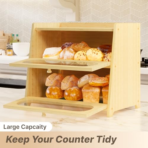 Coolfat Double Layer Bamboo Bread Box for Kitchen Countertop, Large Capacity with Window Breadbox, Farmhouse Bread Storage Container, Fits Corner, Cabinet, Pantry - Image 3