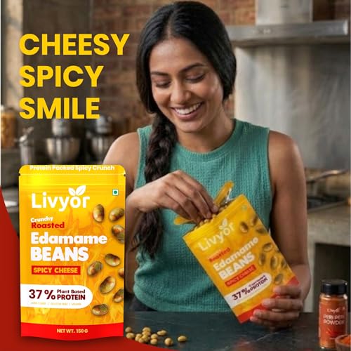 Image of Livyor Crunch Roasted Edamame Beans 150g | Spicy Cheese Flavour | Roasted not fried | Plant based healthy snack | High Protein Snack | Gluten Free | Vegan | High In fibre