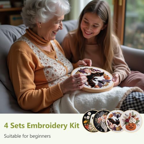 Image of Santune Halloween Embroidery kit,Fall Needlepoint Cross Stitch Kits for Beginners Adult,Needle Point Sets,4 Embroidery,2 Hoops,Halloween Ornaments