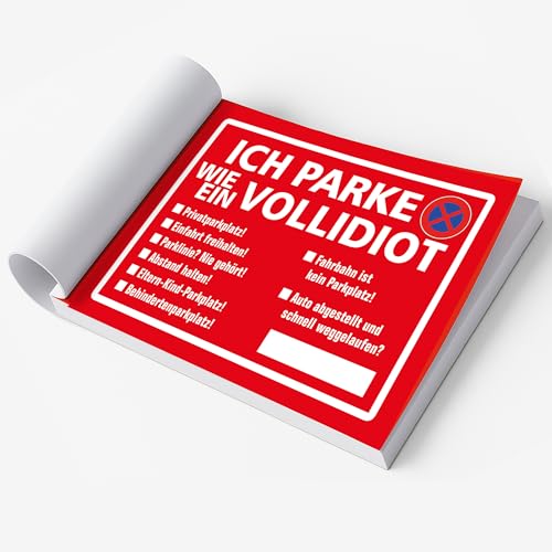 2x Vollidiot Geparkt Notizblock | Fun Set mit 2 Blöcken in Rot für die Windschutzscheibe | Falschparker Strafzettel | 50 Blatt zum Abreisen in DIN A7, mehrere Ankreuzmöglichkeiten (Vollidiot Geparkt)