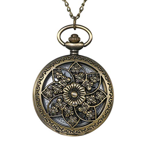 Avaner Romantic Sakura Flower Round Dial Arabic Numerals Analog Quartz Pocket Watch with 32 inch Chain for Women Gift