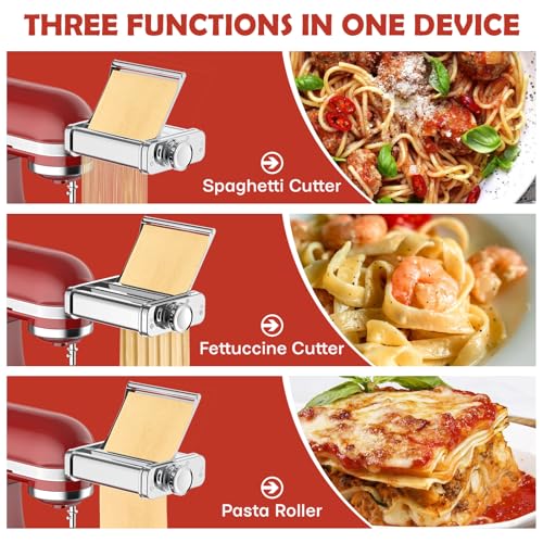 Image of FOCOLLK Pasta Attachment for KitchenAid Stand Mixer, 3-in-1 Stainless Steel Pasta Maker with Detachable Metal Plate, Pasta Roller, Spaghetti & Fettuccine Cutters for Homemade Italian Noodles
