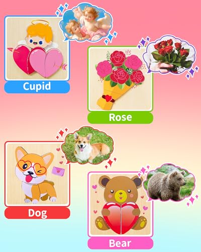 Image of Oomloid Toddler Valentines Wooden Puzzles Gifts for Kids, 4 Pack Valentines Day Toys Valentines Gifts for Kids Classroom, Valentines Day Party Favors for Toddlers Boys Girls