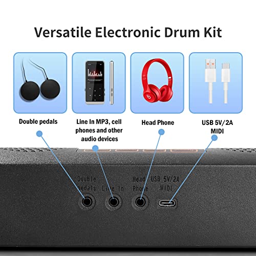 9 Pads Schlagzeug Elektronisch, E-Drum Set mit LED-leuchtende Trommelstöcke, Elektronisches Schlagzeug mit Trommelständer, Eingebauter Stereo-Lautsprecher mit 2 Fußpedale