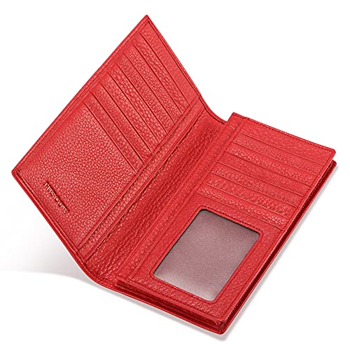 Image of HISCOW Full Grain Leather Men's Long Wallet, 15 Card Slots, Pebbled Red, 6.97 inchH x 3.5 inchW x 0.98 inchD, Classic | Gusseted bill compartment, tall bifold design, clear ID window, ideal for coat pockets or briefcases, turned-edge, gift box
