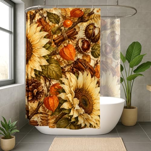Rideau de douche extra large contre les fuites d'eau motif rustique jaune automne