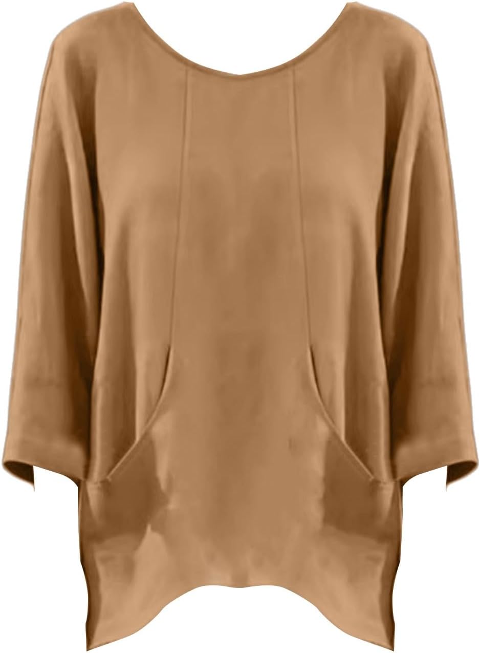 Women Cotton Linen Shirts Crewneck 3/4 Sleeve Solid Color Casual Tops Loose Fit Lightweight Breathable Outdoor Blouse