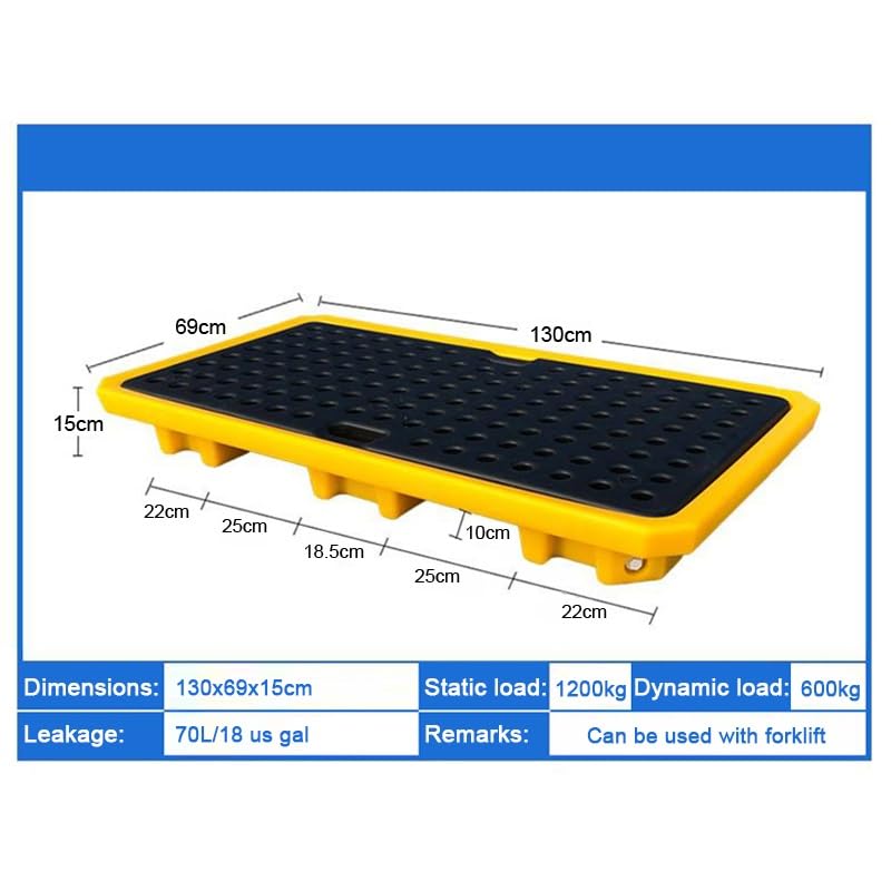 PFCDZDU Spill Containment Platform, Paint Bucket Modular Polyethylene Pallet with Drain, LeakproofTray for Factory Garage Kitchen, 1/2 Drum Capacity(Yellow-2 pcs,130x69x15cm)