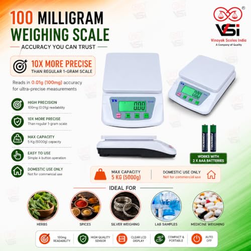 Image of VINAYAK SCALES Digital Weighing Scale 5kg x 0.1g (100mg) | High Precision Multi-Purpose Scale for Kitchen, Baking, Coffee, Food, Silver Jewellery & Crafts | Tare Function