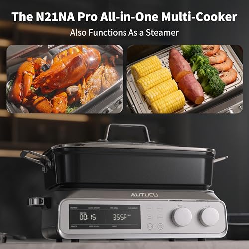Image of N21NA Pro Slow Cooker 10 Quart, 8-in-1 Programmable PFOA-Free Ceramic Coated Multi-Cooker with Grill Pan, Steaming Plate (Includes Silicone Spoon & Tongs)