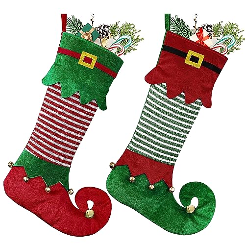 Mineup 2 calcetines navideños de elfos, botas de Papá Noel para rellenar, calcetines de fieltro a rayas rojas y verdes, bastones de Navidad personalizados para chimenea, escaparate, árbol de Navidad