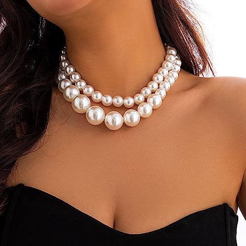 Wiwpar 2PCS Women's Chunky Large Multi-Strand Pearl Bridal Necklace Vintage 1920s Large Pearl Collar Choker for Wedding Party Jewelry 20s Flapper (Style1)3