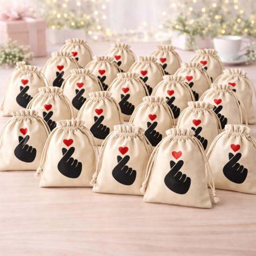Image of Korean Kawaii Love Sign Potli Bags - Set of 10 Cotton Drawstring Gift Pouches for Return Gifts, Wedding Favors, Party Giveaways, Jewelry Packaging, Festive Gift Packing Bags
