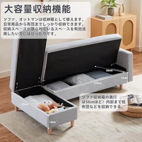 ソファ 2人掛け 収納付き オットマン付き ファブリック 肘掛け 木脚外し可能 ローソファ コンパクト ひとり暮らし カウチソファー One Arm 2 Seater sofa+Ottoman (Light Gray + Fabric + 2 Seat,カジュアル) [4]