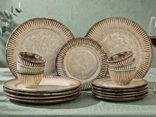 Image of Bodhi House Premium 18-Piece Stoneware Dinner Set Serving for 6 - Handcrafted Ceramic Plates, Bowls & Serving Bowls | Microwave & Dishwasher Safe | Elegant Modern Tableware Crockery Rustic Sand Beige
