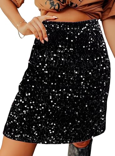 Happy Sailed Women’s Sequin Skirt Sparkly Stretchy Velvet High Waisted A-Line Glitter Mini Skirts for Night Out Party