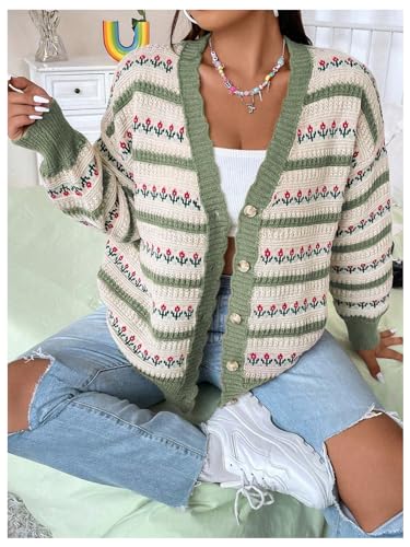 Women's Plus Size Floral Striped Cardigan Sweaters Button Down Long Sleeve Knit Outerwear3