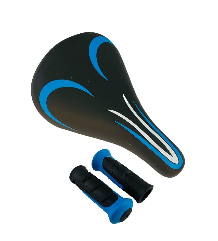 Image of Shrenik Kids Bicycle Saddle Grip Handle Combo Cycle Seat Handlebar Grip 14-20 Inch Cycling 14T 16T 20T (Black-Blue)
