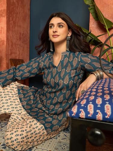 Image of EthnicJunction Women's Linen Floral Print Summer Wear Straight Short Kurti with Afghani Pant Set | Co Ord Set for Women Stylish | Fusion wear Women