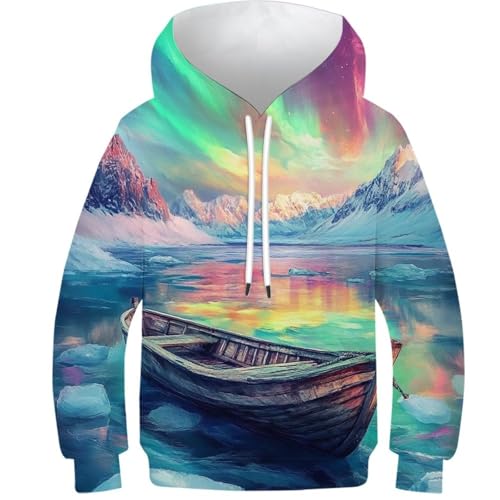Sweat-shirt à capuche 3D garçon 11-13 ans, pull-over manches longues motif aurores boréales