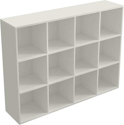Estantería de almacenamiento de 12 cubos, estantería abierta de madera de 3 niveles para el hogar y la oficina, vitrina, blanco cálido