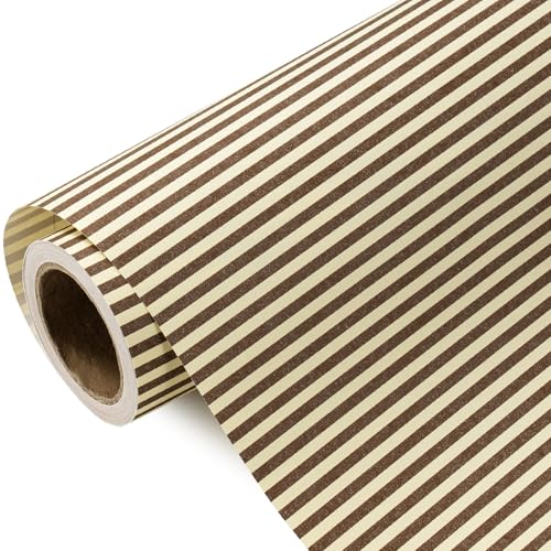 WRAPAHOLIC Kraft Striped Wrapping Paper Roll - Mini Roll - 17 Inch x 16.5 Feet - Classic Brown Stripe Wrapping Paper for Birthday Wedding Baby Shower