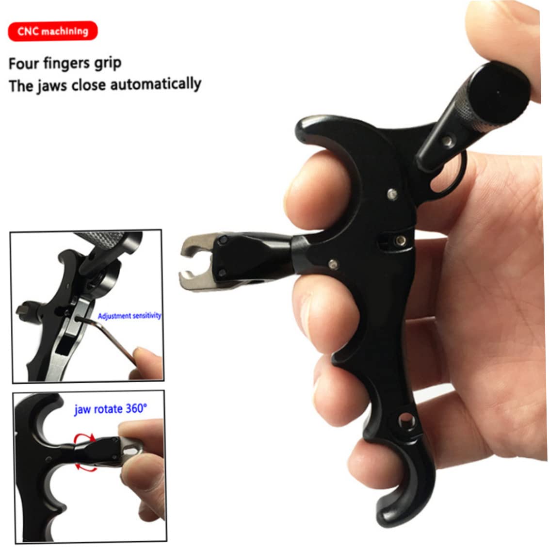 Aides au décochage de tir à l'arc, Corde à Boucle en D pour Le Pouce, déclencheur d'arc réglable 4 Doigts, Rotation 360 degrés, Aides au décochage de tir l' rotatives 360 °, Corde bo