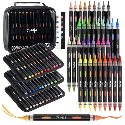 Image of JusArt Acrylic Brush Markers, 72 Colors Brush Tip Acrylic Marker Set, 36 Dual-Tip Water Based No Bleed Markers with Automatic Ink Control for Wood, Rock, Fabric, Canvas, Glass, Eggs & DIY Crafts