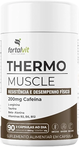 Thermo Muscle Pré-Treino, 90 Cápsulas, 200mg Cafeína, L-Arginina, Taurina, Beta-Alanina e Vitaminas do Complexo B, Fortalvit