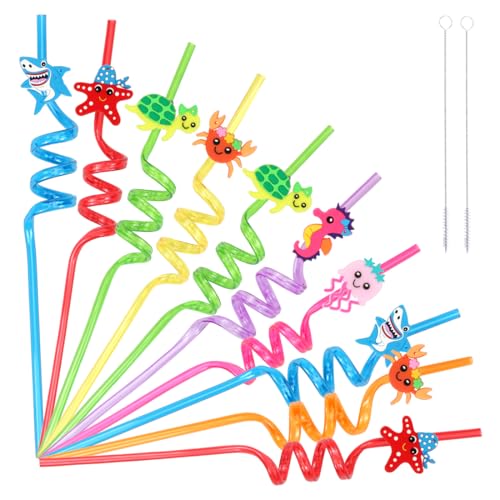 Paille Enfant, 10 Pièce Pailles Animaux Marins et 2 Goupillon Paille, Straws Plastique Colorées, Pailles Spirales Réutilisables pour Fêtes Anniversaire Enfants, Réunions de Famille