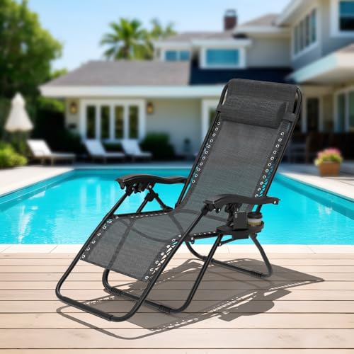 Klappbarer Liegestuhl, Gartenliege Extra Breit 64cm-Textilene-Relaxliege Verstellbar Rückenlehne mit Getränkehalter-Kissen, Faltbar Sonnenliege Outdoor Camping Balkon Terrasse, bis 120kg, Schwarz Klappbarer Liegestuhl, Gartenliege Extra Breit 64cm-Textilene-Relaxliege Verstellbar Rückenlehne mit Getränkehalter-Kissen, Faltbar Sonnenliege Outdoor Camping Balkon Terrasse, bis 120kg, Schwarz