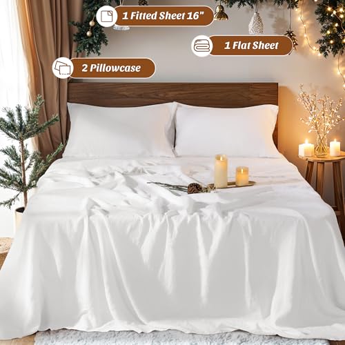 Image of 100% Pure Linen Sheet Set for Hot Sleepers, Breathable Natural Linen Sheets 4pcs, Bedding Set Deep Pocket Up to 16 inch Moisture-Wicking, Softens with Every Wash (White Cal King)