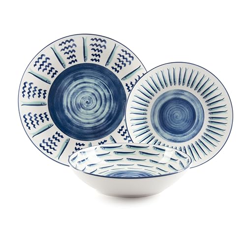 Excelsa Mediterraneo Servizio Piatti in Porcellana, 18 Pezzi, Decorazione Mare Blu