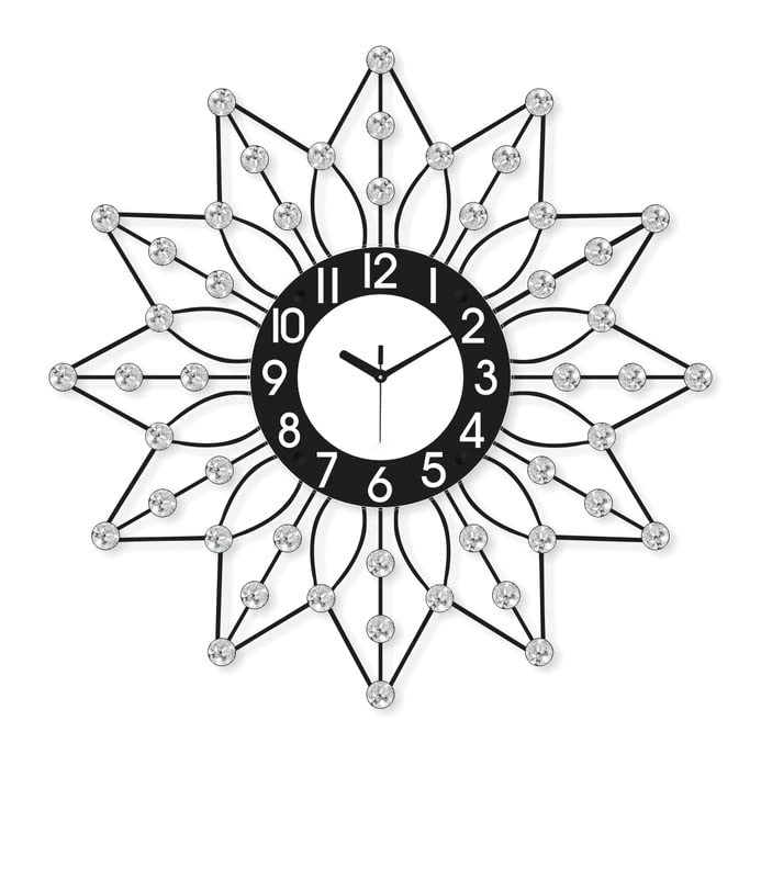 Image of CHRONIKLE Beautiful Floral Design Round Black Diamond Series Analog Home Decor Metal Wall Clock with Sweep Movement (Size: 60 x 5 x 60 CM | Color: Black | Weight: 1185 grm)