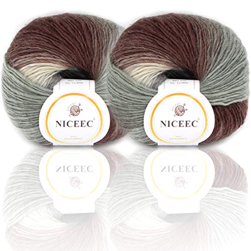 Image of NICEEC 2 Skeins Rainbow Soft Yarn 100% Wool Gradient Multi Color Yarn for Crocheting Knit Total Length 180mx2(196ydsx2,50gx2)-25