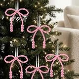 Artmag 24 Pcs Christmas Pearl Bows Decorative Hanging Ornaments with Ropes Bowknot Tree Topper Pendant Gift for Christmas Holiday Party Wedding Tree Wreath Decoration (Pink)