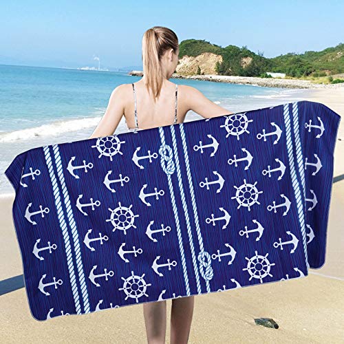 Pknoclan Microfiber Anchor Beach Towel, Nautical Navy Beach Towels Oversized, Quick Dry Lightweight Bath Swim Towels for Pool, Swimming, Outdoor Camping and Sports, 31.5 x 59.1 Inches, Navy
