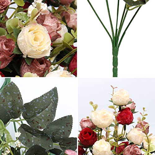 Flojery 21 Heads Silk Rose Bouquet Artificial Flowers Mini Rose For Diy Wedding Bouquets Centerpieces Bridal Shower Party Home Decorations,Pack Of 4 （Red） #TOP2