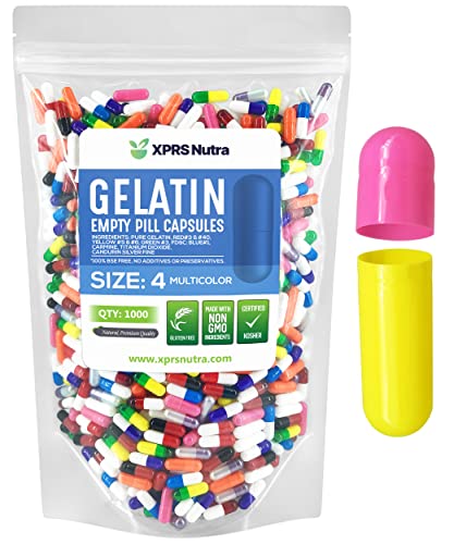 Image of XPRS Nutra Size 4 Empty Capsules - 1000 Count Small Empty Gelatin Capsules - Pills DIY Capsule Filling - Fillable Pure Bovine Pill Gel Caps for Do-It-Yourself Supplements (Multi Color)