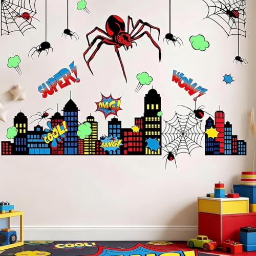 Spider Theme Wall Stickers - Removable Spider Web & Cityscape Wall Decals for Boys Bedroom Playroom Living Room