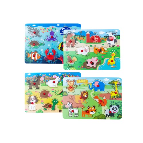 Peg Puzzle Set of 4 (32 pcs), Wooden Knob Puzzles for Toddlers Ages 1-3, Farm Zoo?Forest Animals, Pets, Sea Ocean Animals, Preschool Educational Cognitive Gifts