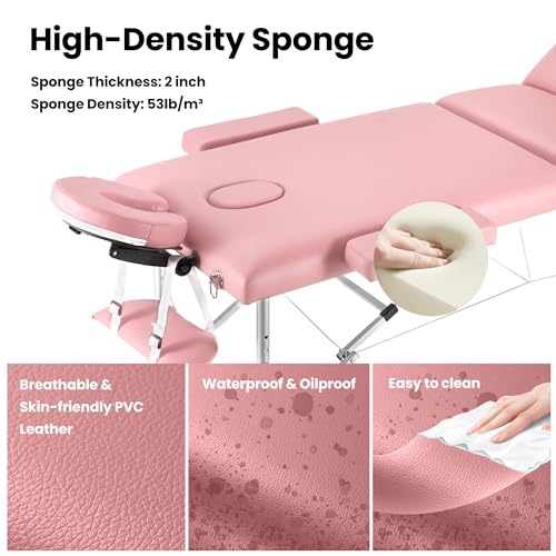 Careboda Professional Massage Table Macaron Pink 3-Fold Height Adjustable