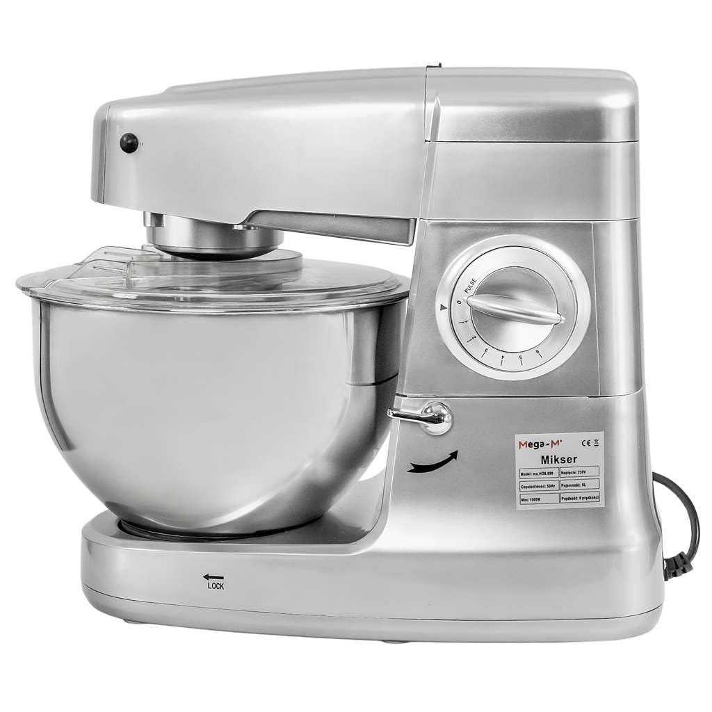 Mega-M Wielofunkcyjny robot kuchenny 3 w 1, 1500 W, miska ze stali nierdzewnej 8 l, mikser planetarny z maszynką do mięsa i mikserem stojącym, 6 stopni prędkości, srebrny