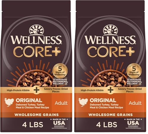 Wellness CORE+ Dry Dog Food with Wholesome Grains, Natural Ingredients, Made in USA with Real Freeze-Dried Meat (Adult, Turkey, 4 lbs) (Pack of 2)