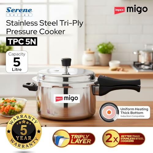 Image of Impex Triply Stainless Steel Pressure Cooker 5 Litres With Outer Lid | Induction and Gas Stove Competable | 3 Layer Construction | ISI Certified | 5 Year Warranty (5 Litre)